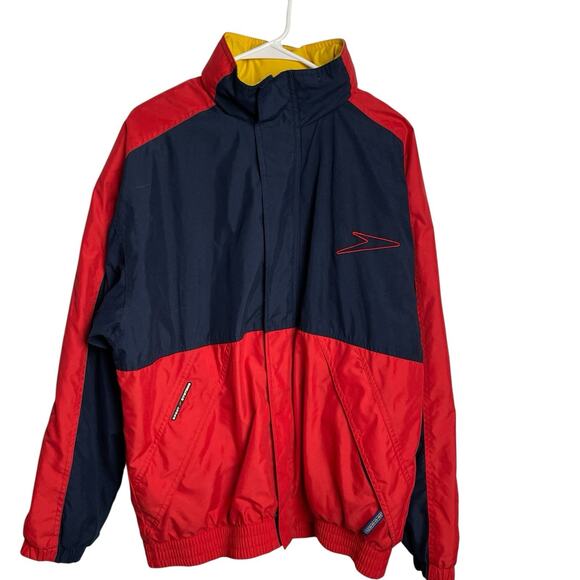 Vintage Speedo Hooded Jacket Mens M Navy Red Full Zip Bomber Windbreaker 90s - Picture 1 of 13